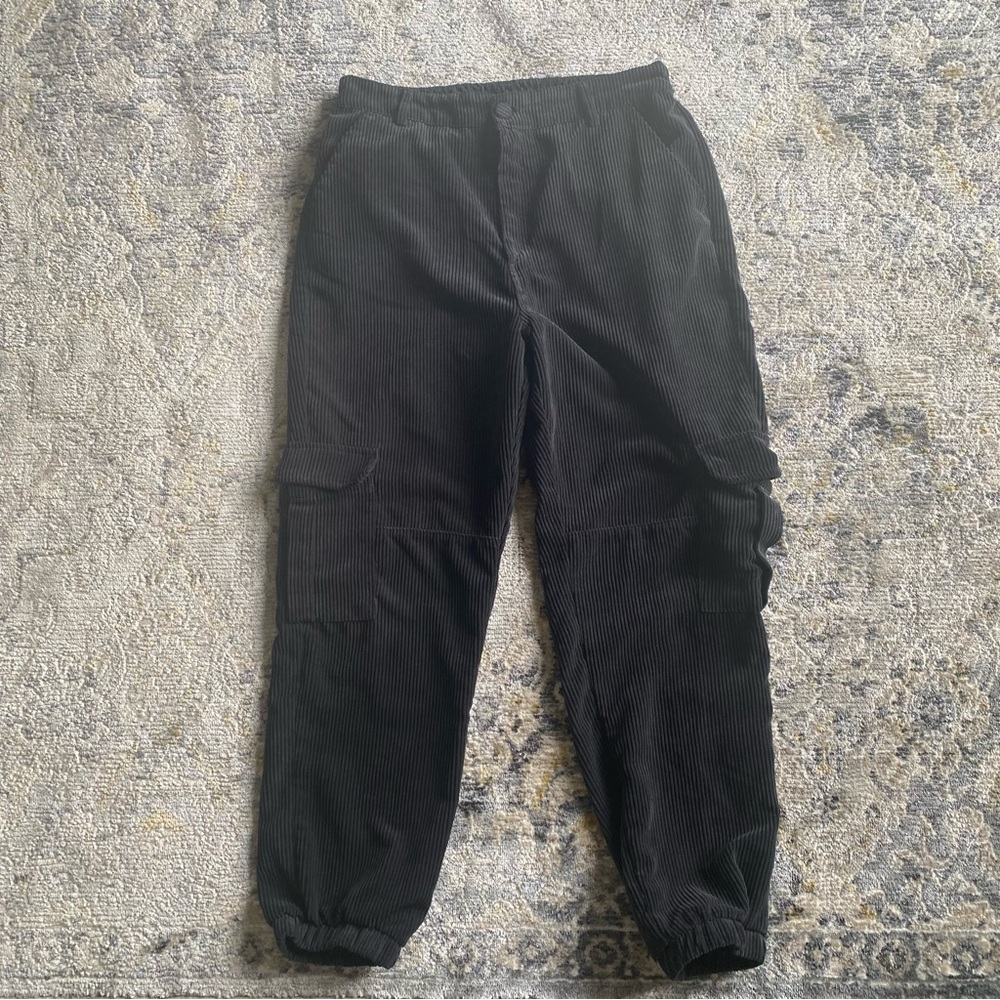 Black Corduroy Pants Elastic Waist Jogging Pant Cargo Pockets Ardene Large